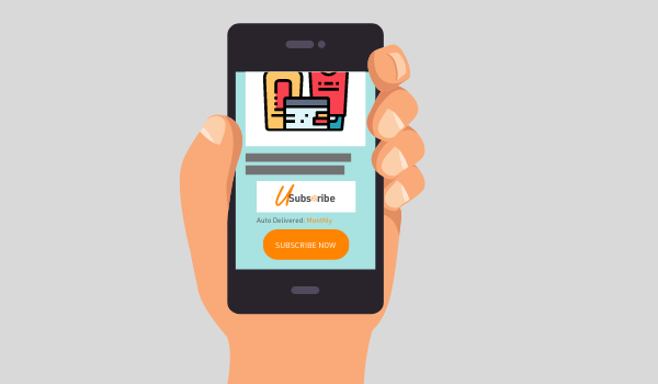 Illustration of hand holding a phone showing U-Subscribe logo and product page example Illustration of hand holding a phone showing U-Subscribe logo and product page example