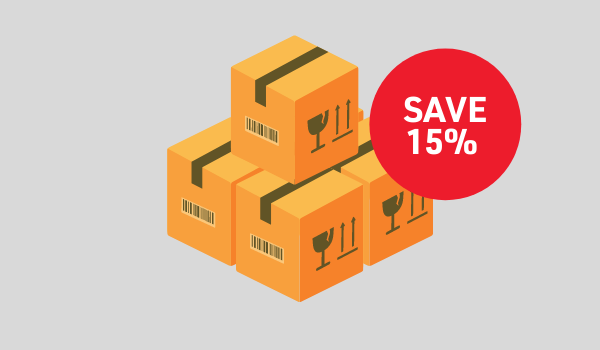 Illustration of boxes with a red circle stating Save 15% Illustration of boxes with a red circle stating Save 15%